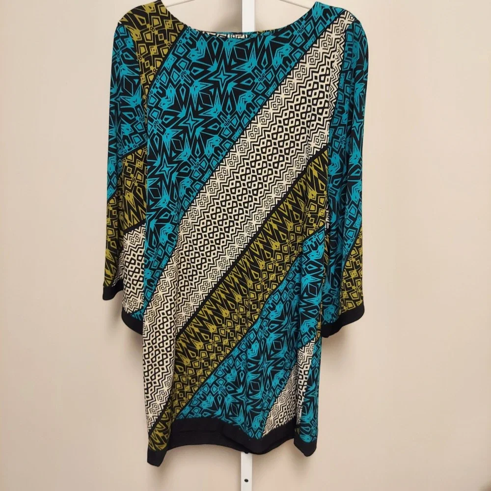 Emma & Michele Geometric Tribal Print Bell‎ Sleeve Tunic Top Dress M Boho Mod